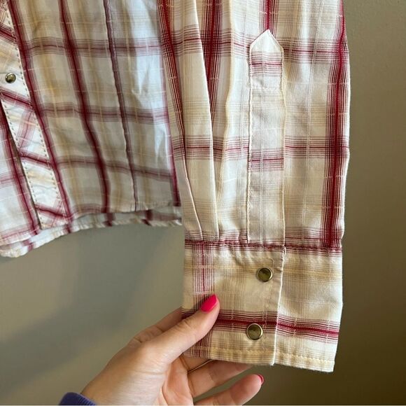 ✨ Wrangler Men’s White Maroon Plaid Pearl Snap Button Down Shirt Large - Picture 4 of 7
